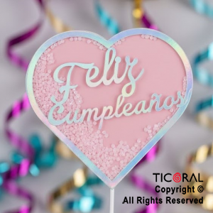 CAKE TOPPER CON CONFETTI CORAZON FELIZ CUMPLEAOS ROSA (U24-226)